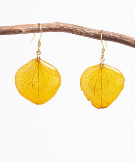 Boucles d'oreilles fleurs naturelles, pétales d'hortensia jaune et résine, apprêts dorés à l'or fin 24k