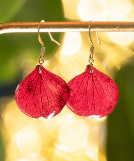 Boucles d'oreilles fleurs naturelles, pétales d'hortensia Rouge/framboise et résine, apprêts dorés à l'or fin 24k