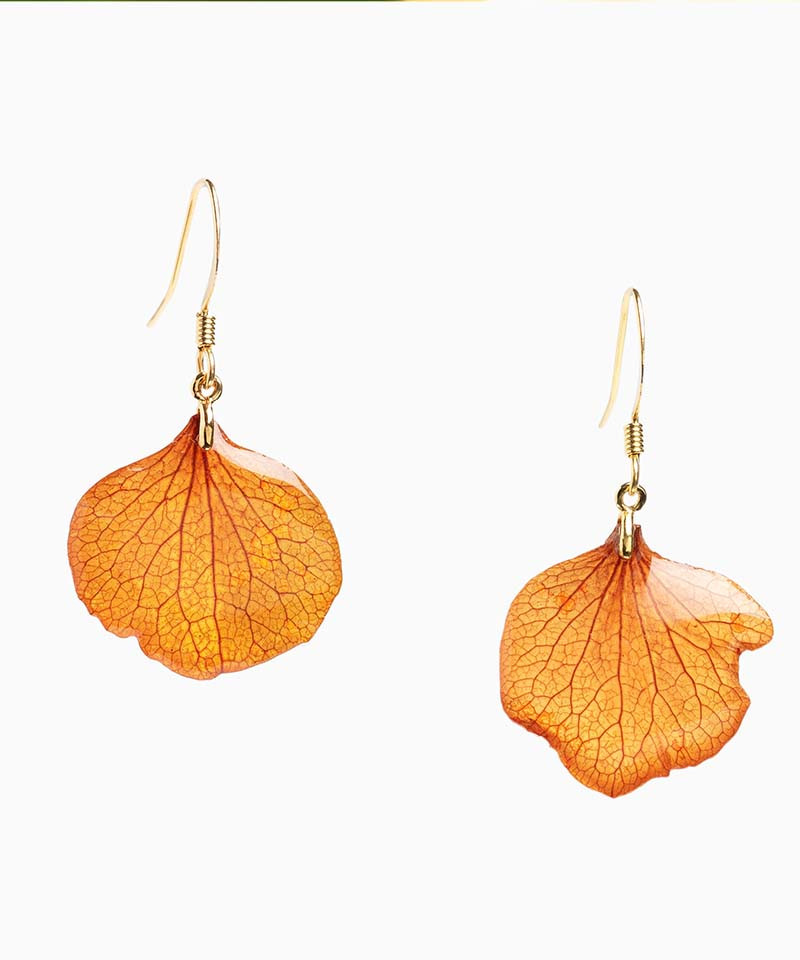 Boucles d'oreilles fleurs naturelles, pétales d'hortensia orange et résine, apprêts dorés à l'or fin 24k